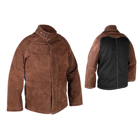 VESTE SOUDEUR CUIR MARRON DOIS TOILE IGNIFUGE DE TAILLE S, L OU 2XL